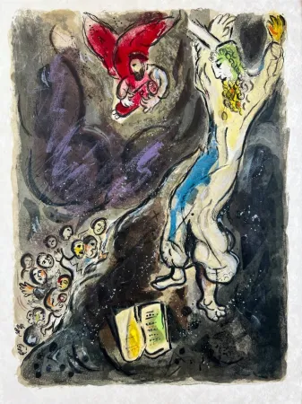 Lithograph Chagall -  Moses wrath waxed hote, and he cast the Tables out of his handes, and brake them in pieces beneath the mountaine