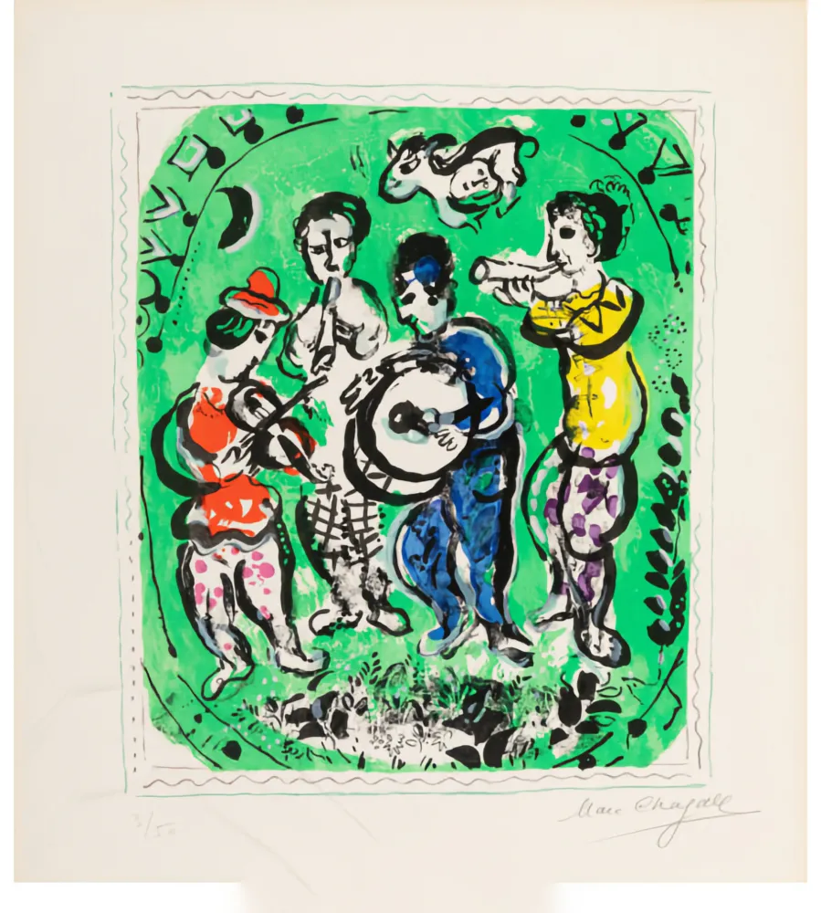 Lithograph Chagall - Musiciens sur fond vert