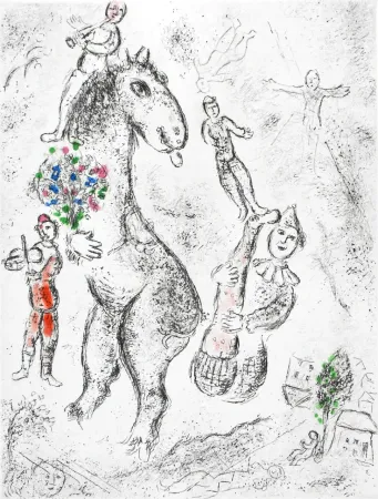 Etching And Aquatint Chagall - Original etching «Horse, violinist and clown» from «Celui qui dit les choses sans rien dire» (1976)