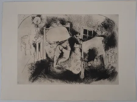 Etching Chagall - Tchitchikov sur le lit