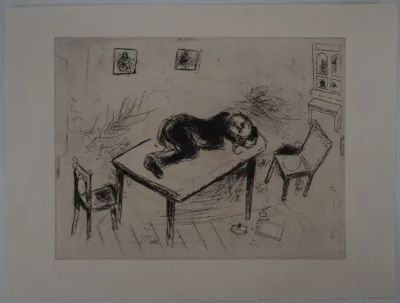 Etching Chagall - Une sieste spartiate, (Tchitchikov couchait au bureau)