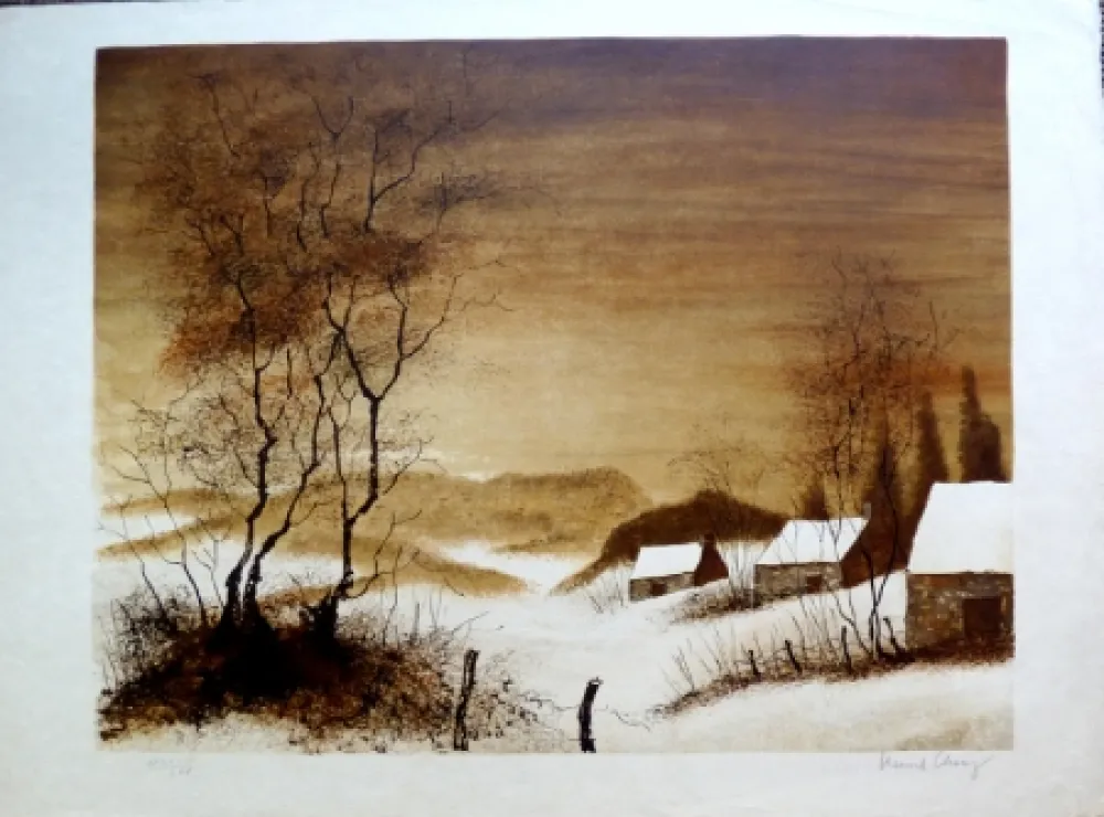 Lithograph Charoy - Hameau en Hiver
