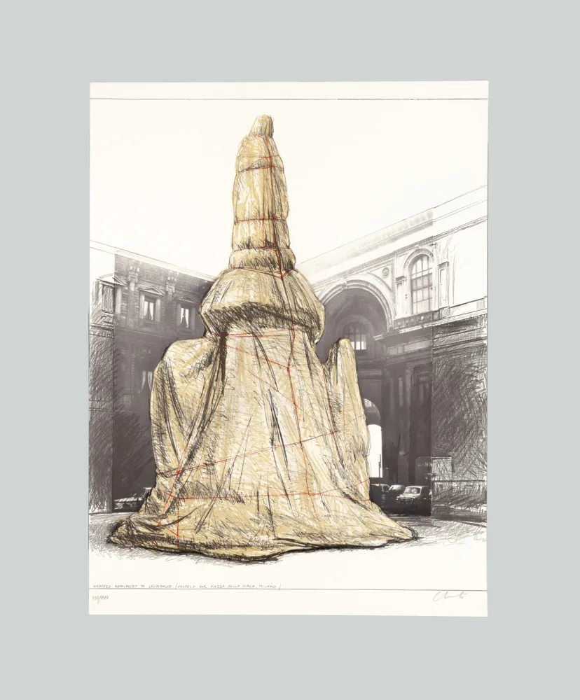 Lithograph Christo & Jeanne-Claude - Wrapped Monument to Leonardo, Project for Piazza della Scala, Milan