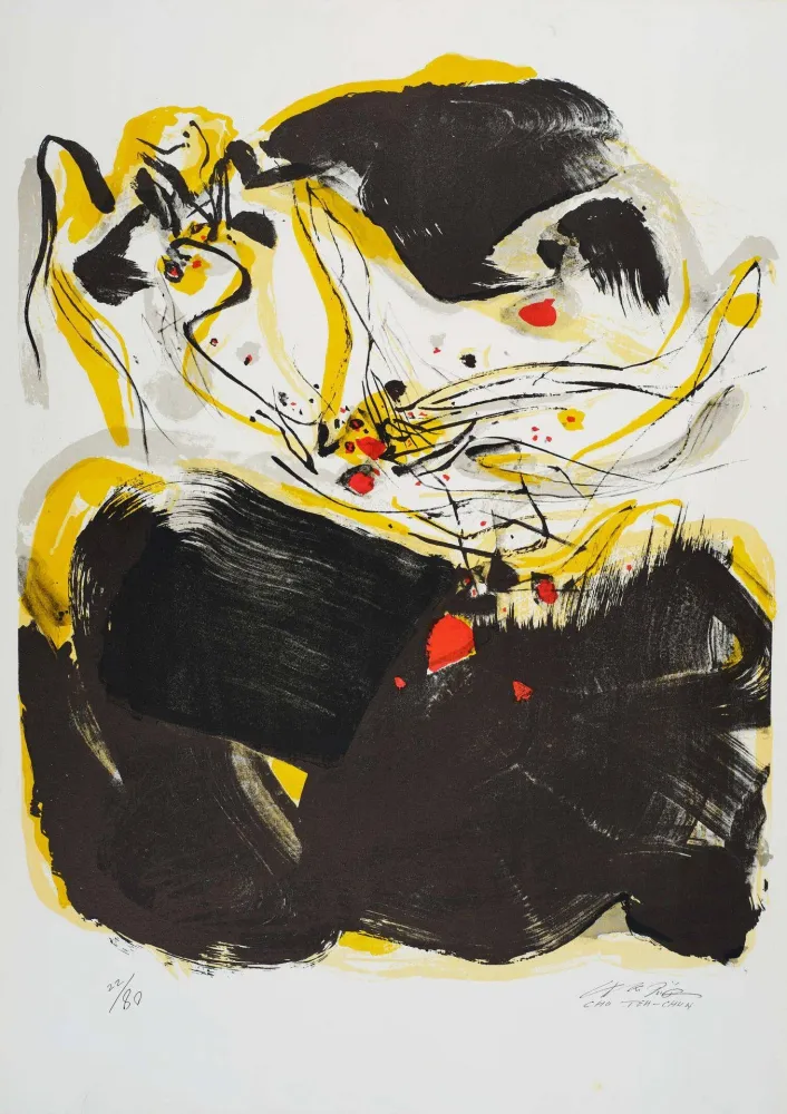 Lithograph Chu Teh Chun  - Composition en jaune, noir et rouge