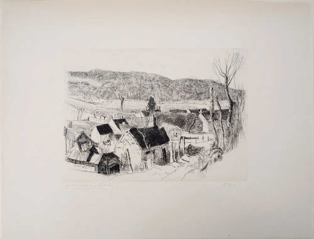 Etching Clairin - Paysage de campagne, village de Saint-Loup