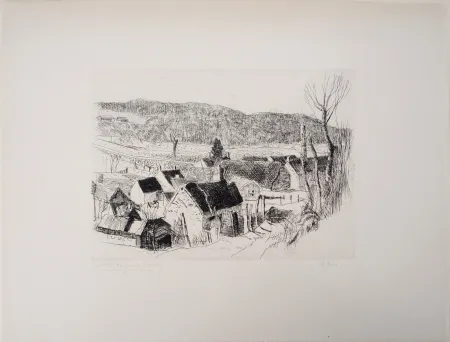 Etching Clairin - Paysage de campagne, village de Saint-Loup