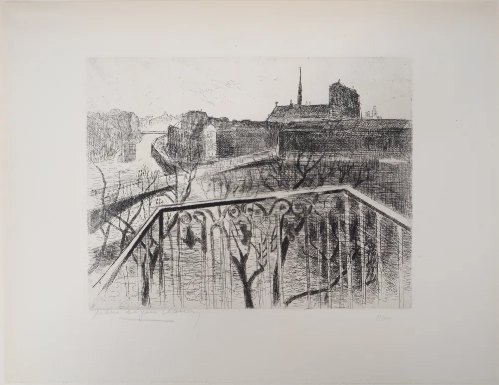 Etching Clairin - Vue parisienne sur Notre-Dame