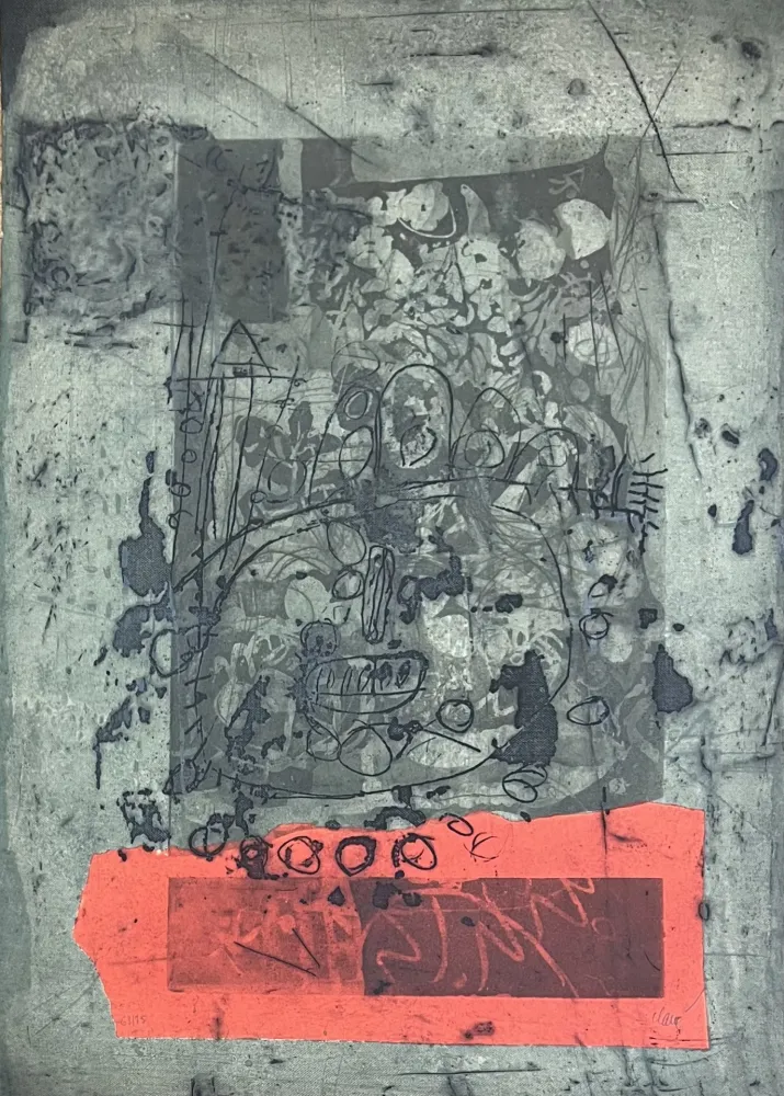 Etching Clavé - Gravure aquatinte et carborundum En vert et rouge, 1971