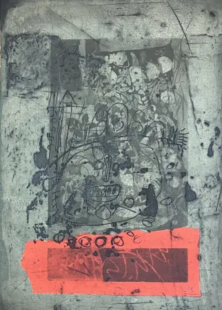 Etching Clavé - Gravure aquatinte et carborundum En vert et rouge, 1971