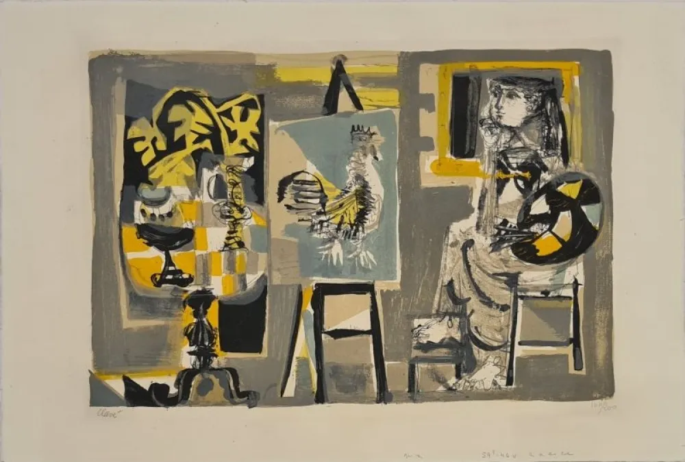 Lithograph Clavé - La Femme-peintre au coq 