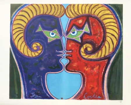 Lithograph Cocteau - 2 Profiles Face to Face
