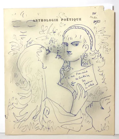 No Technical Cocteau - Dessin au stylo bleu et mine de plomb,