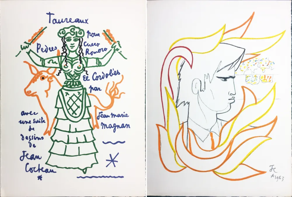 Lithograph Cocteau - EL CORDOBES (Magnan : Taureaux. 1965). 2 planches.