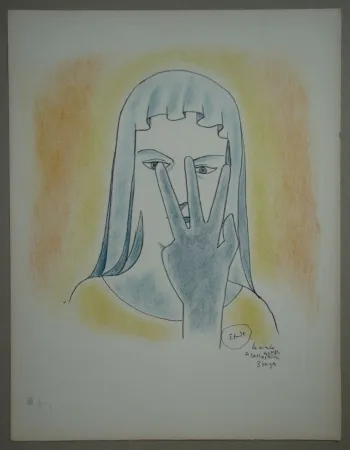 Lithograph Cocteau - Etude - La vierge se cache le visage avec 3 doigts