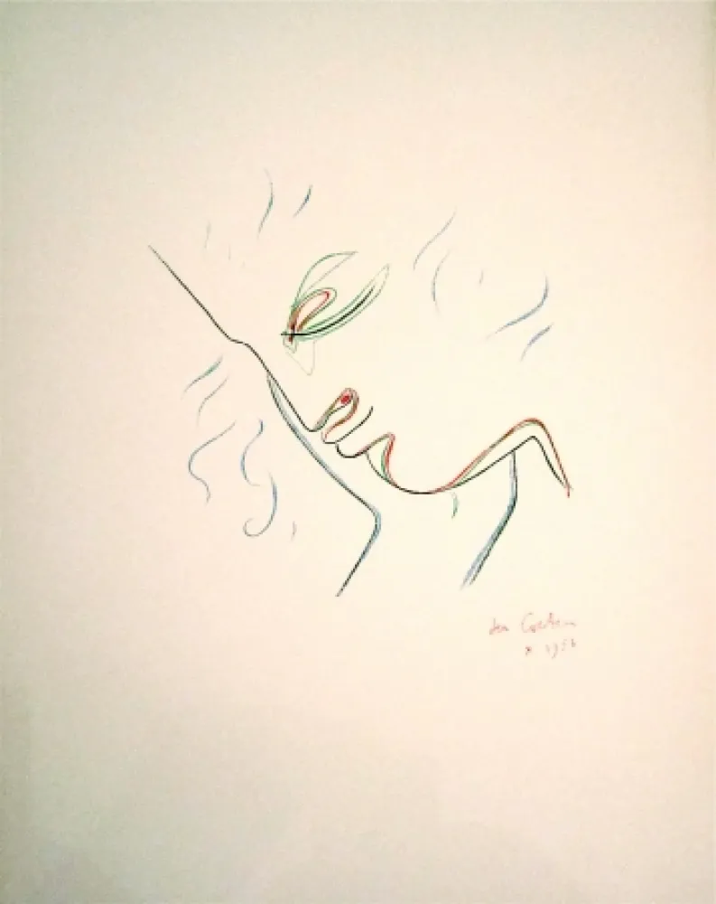 Lithograph Cocteau - Profil de garcon en couleur