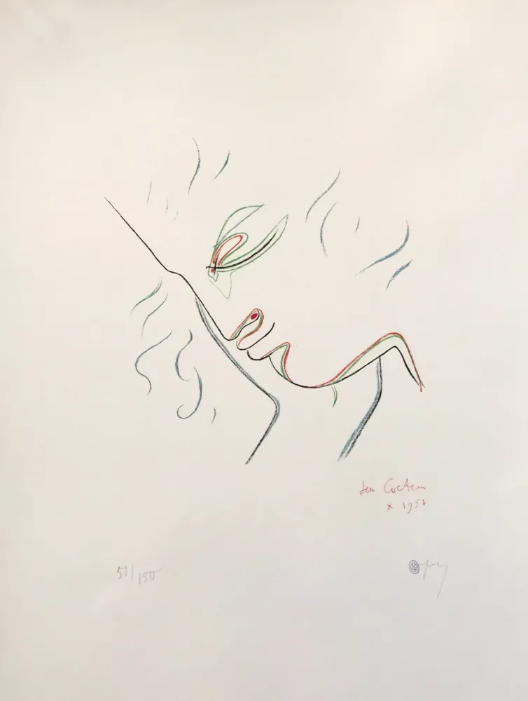 Lithograph Cocteau - Profile in Red, Green, and Blue