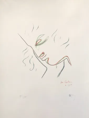Lithograph Cocteau - Profile in Red, Green, and Blue