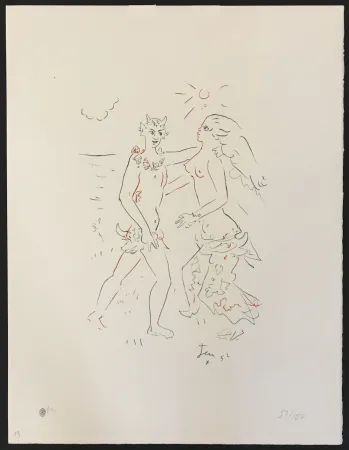 Lithograph Cocteau - Satyr and Nymph