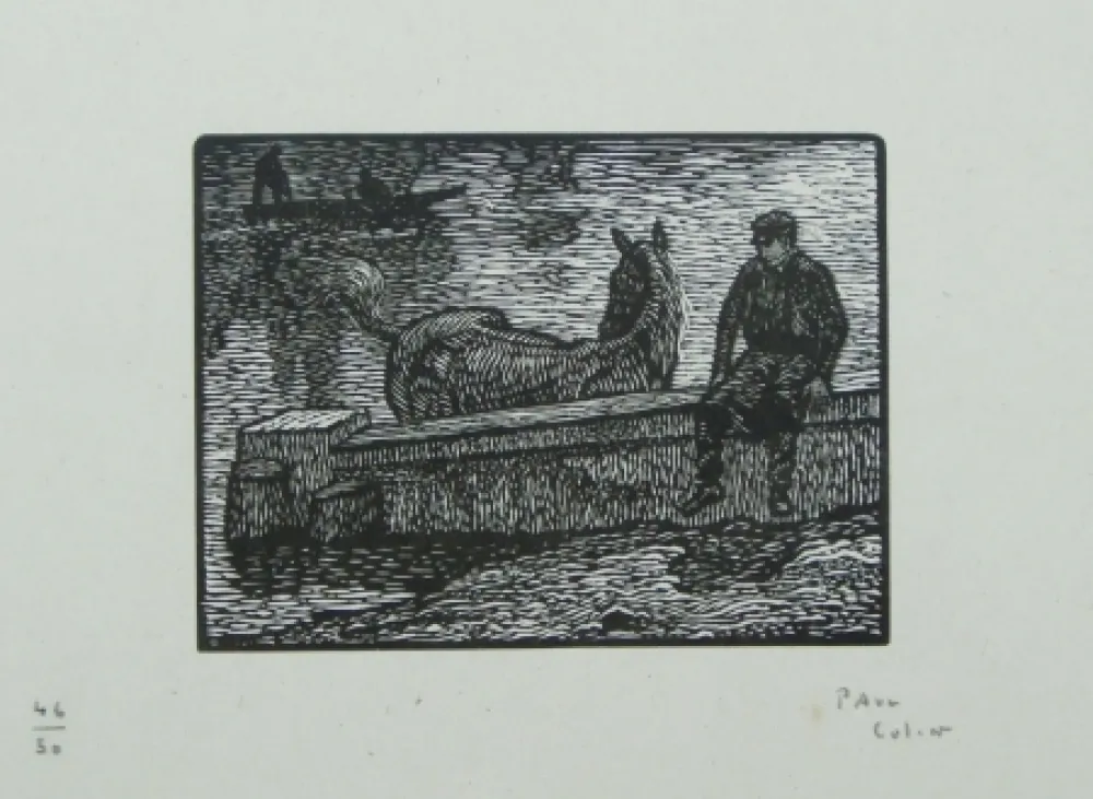 Woodcut Colin - Le cheval au bain