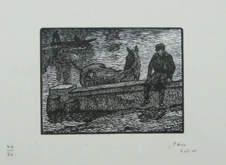Woodcut Colin - Le cheval au bain