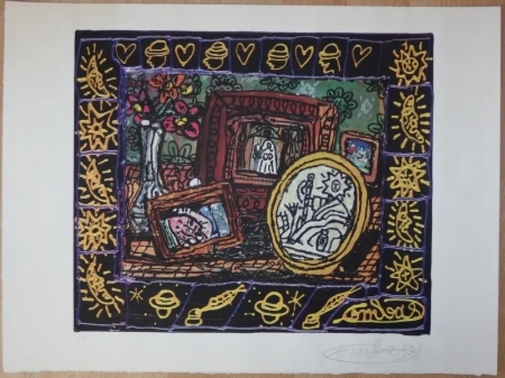 Lithograph Combas - Table aux souvenirs