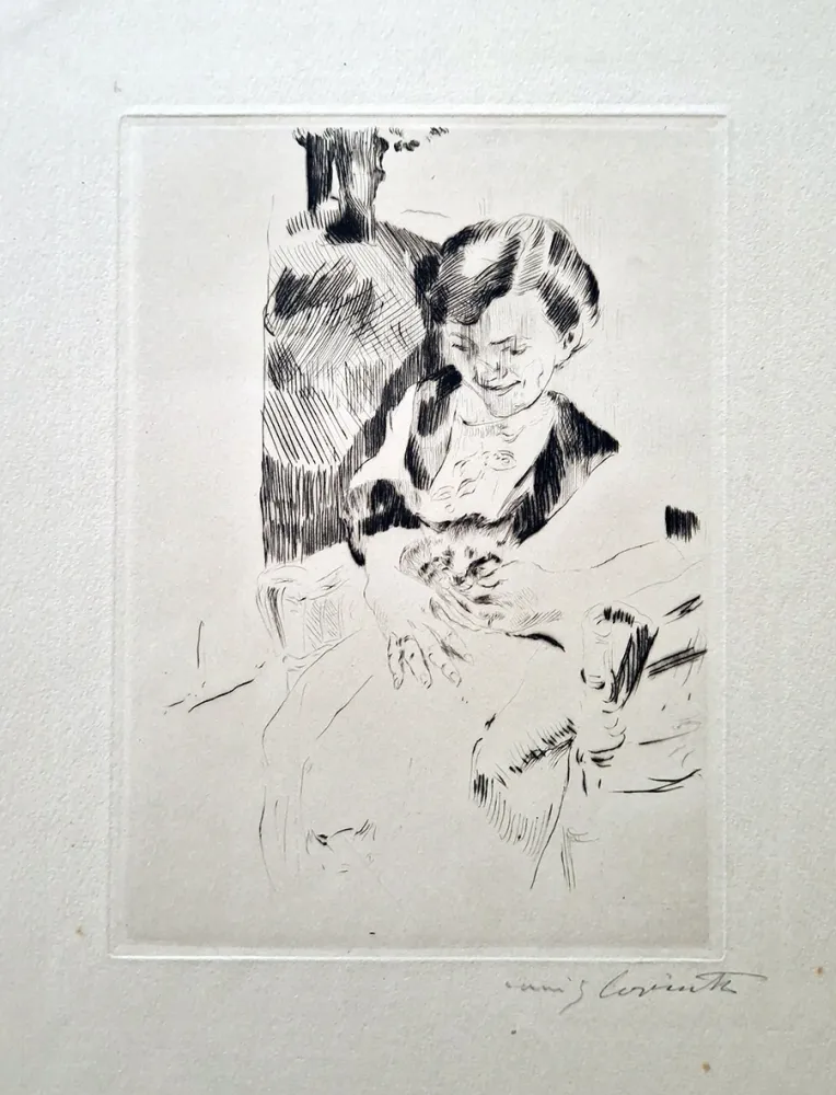 Engraving Corinth - Frau mit Katzen