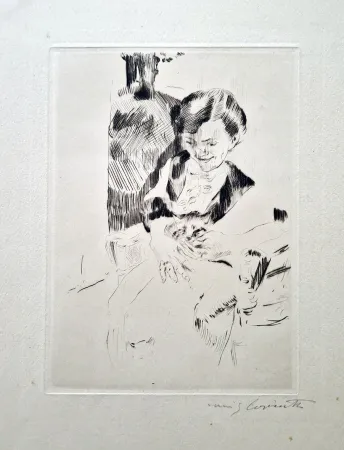 Engraving Corinth - Frau mit Katzen