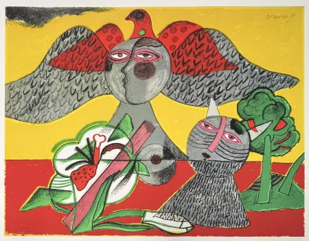 Numeric Print Corneille - Chat, Fleur et Oiseau, 1984, Tirage à 45 ex.