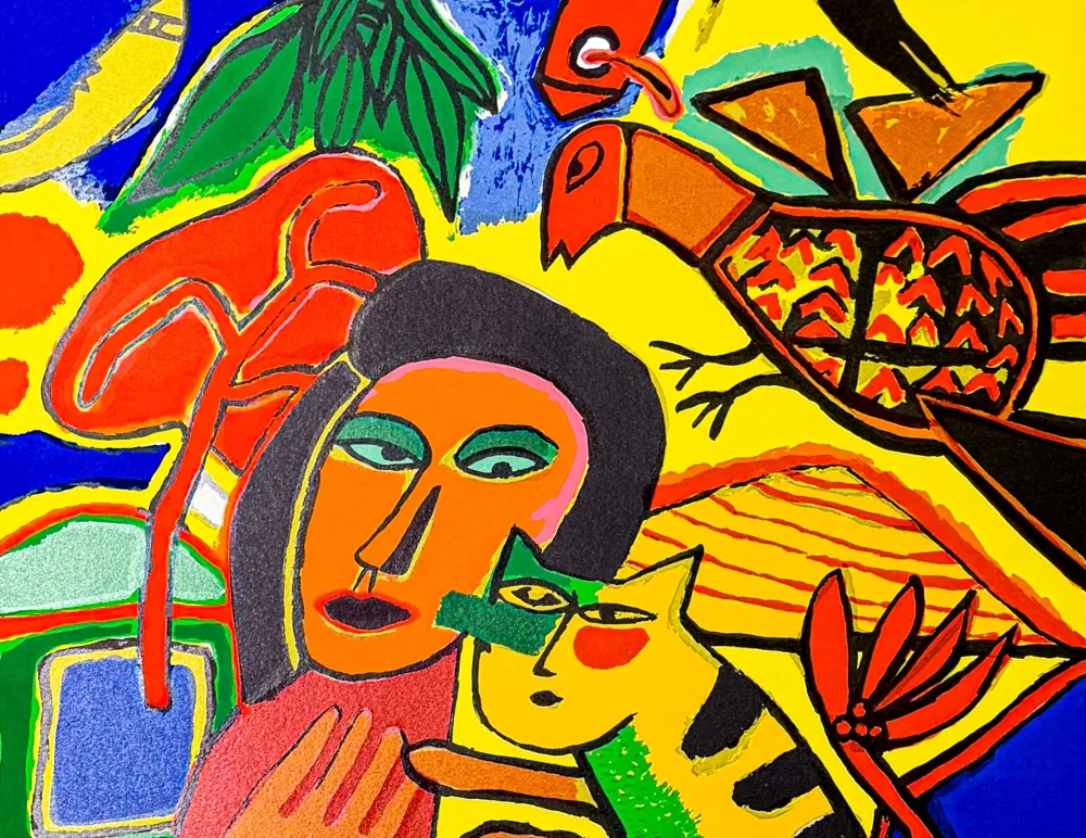 Lithograph Corneille - Corneille (1922–2010) – Vrouw, vogels en kat – Color lithograph on paper – 1996