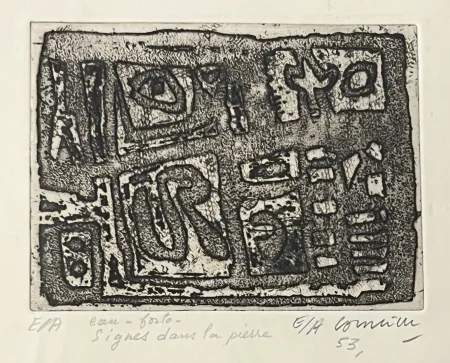 Engraving Corneille - Eau-forte encadrée en couleurs Signes dans la pierre, 1953. Epreuve d'artiste EA