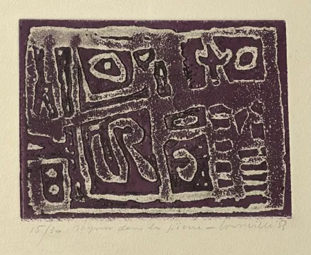 Etching And Aquatint Corneille - Eau-forte encadrée en couleurs Signes dans la pierre, 1953. Numéro 15/30