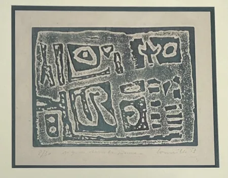 Engraving Corneille - Eau-forte encadrée en couleurs Signes dans la pierre, 1953. Numéro 15/30