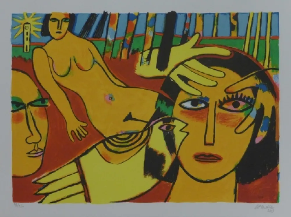 Lithograph Corneille - Femme à l'oiseau