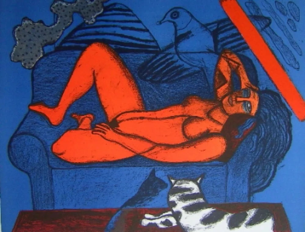 Lithograph Corneille - Femme au divan bleu