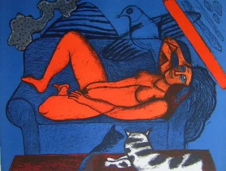 Lithograph Corneille - Femme au divan bleu