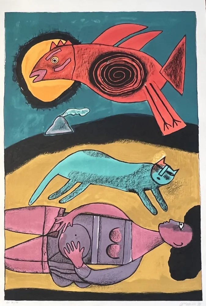 Lithograph Corneille - Grande lithographie encadrée Grand Oiseau du désert 1999