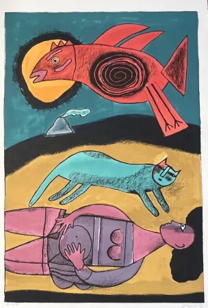 Lithograph Corneille - Grande lithographie encadrée Grand Oiseau du désert 1999