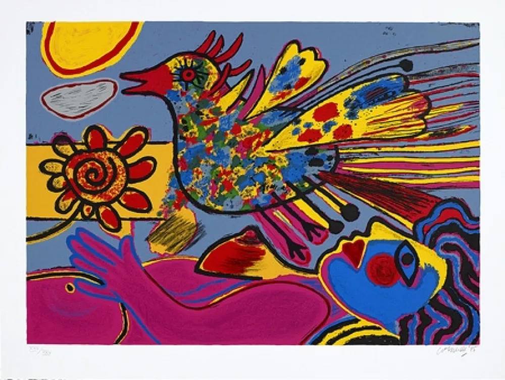Screenprint Corneille - La fleur et l'oiseau