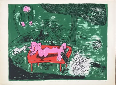 Lithograph Corneille - Lithographie ancienne Fenêtre ouverte sur le divan rouge,