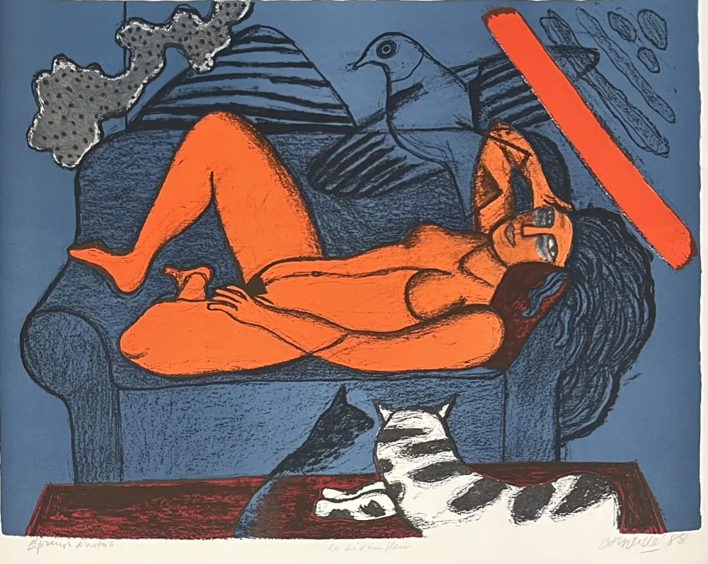 Lithograph Corneille - Lithographie ancienne Le divan bleu 1988