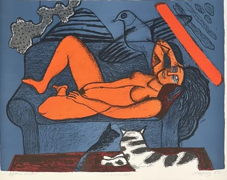 Lithograph Corneille - Lithographie ancienne Le divan bleu 1988