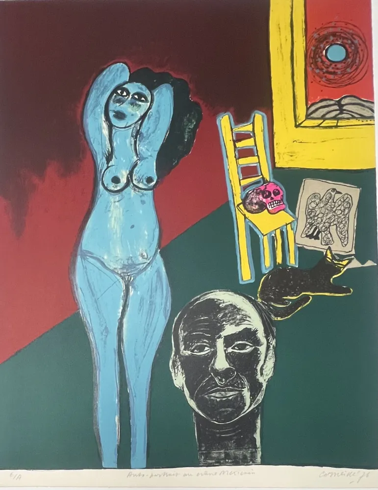 Lithograph Corneille -  Lithographie Autoportrait au crâne Mexicain 1976 E/A
