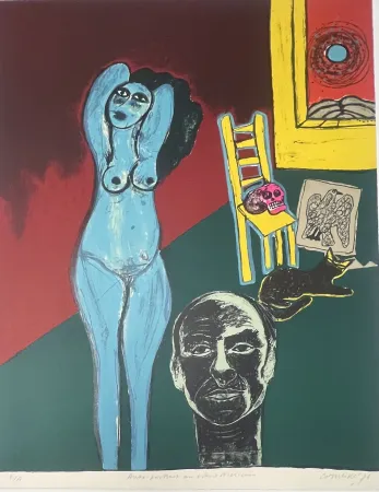 Lithograph Corneille -  Lithographie Autoportrait au crâne Mexicain 1976 E/A