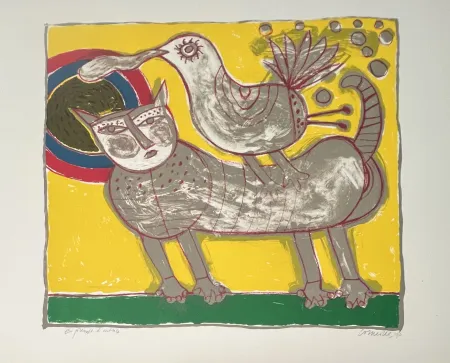 Lithograph Corneille -  Lithographie Chat et oiseau - Au coeur de l'été - 1990