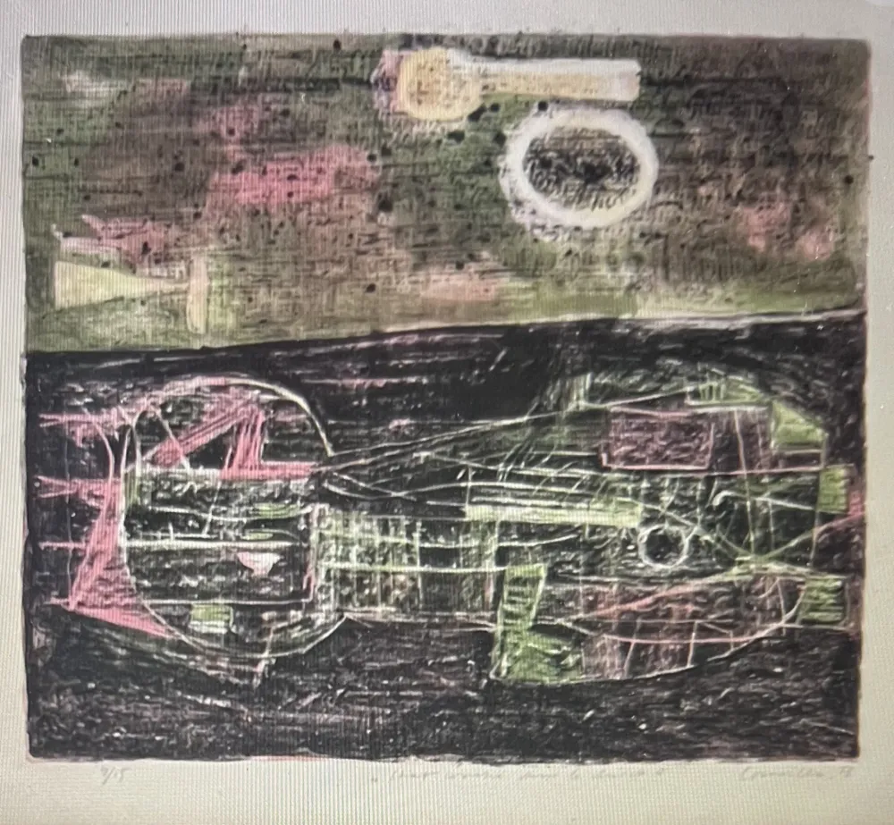 Lithograph Corneille -  Lithographie encadrée Chat couché dans le désert 1953