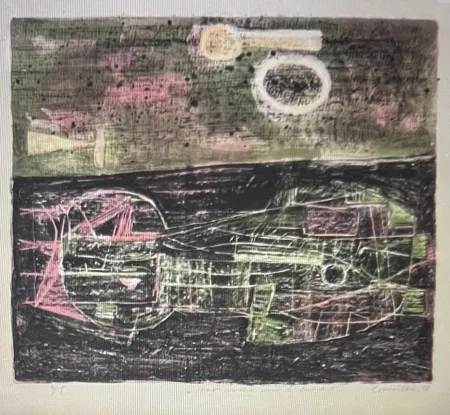 Lithograph Corneille -  Lithographie encadrée Chat couché dans le désert 1953