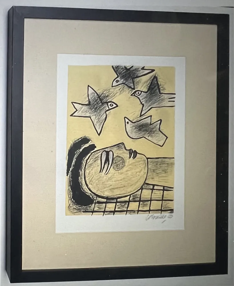 Lithograph Corneille - Lithographie encadrée Farandole d'oiseaux - A la plage 2002