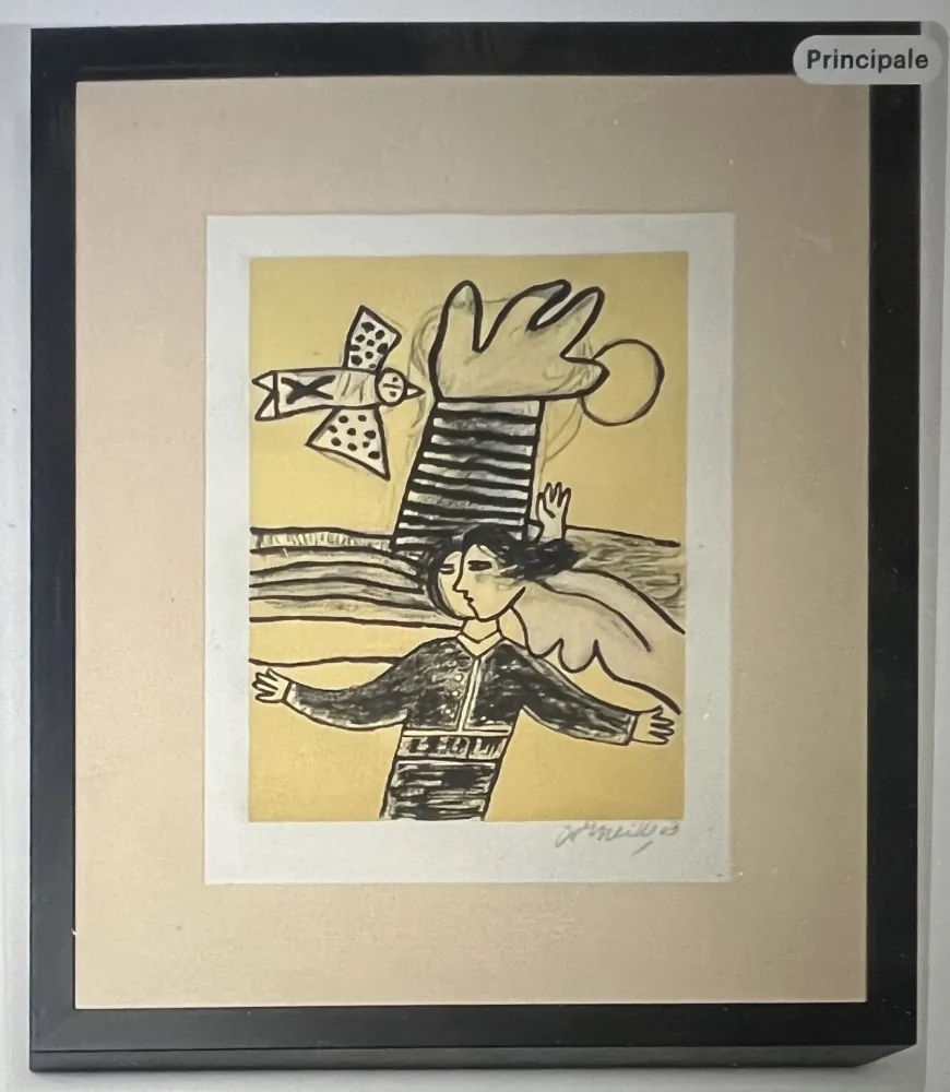 Lithograph Corneille - Lithographie encadrée Femme et oiseau  - A la plage 2002