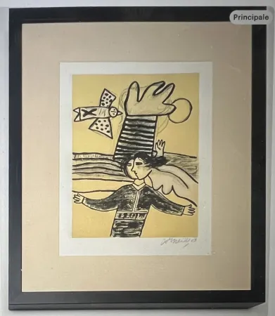 Lithograph Corneille - Lithographie encadrée Femme et oiseau  - A la plage 2002