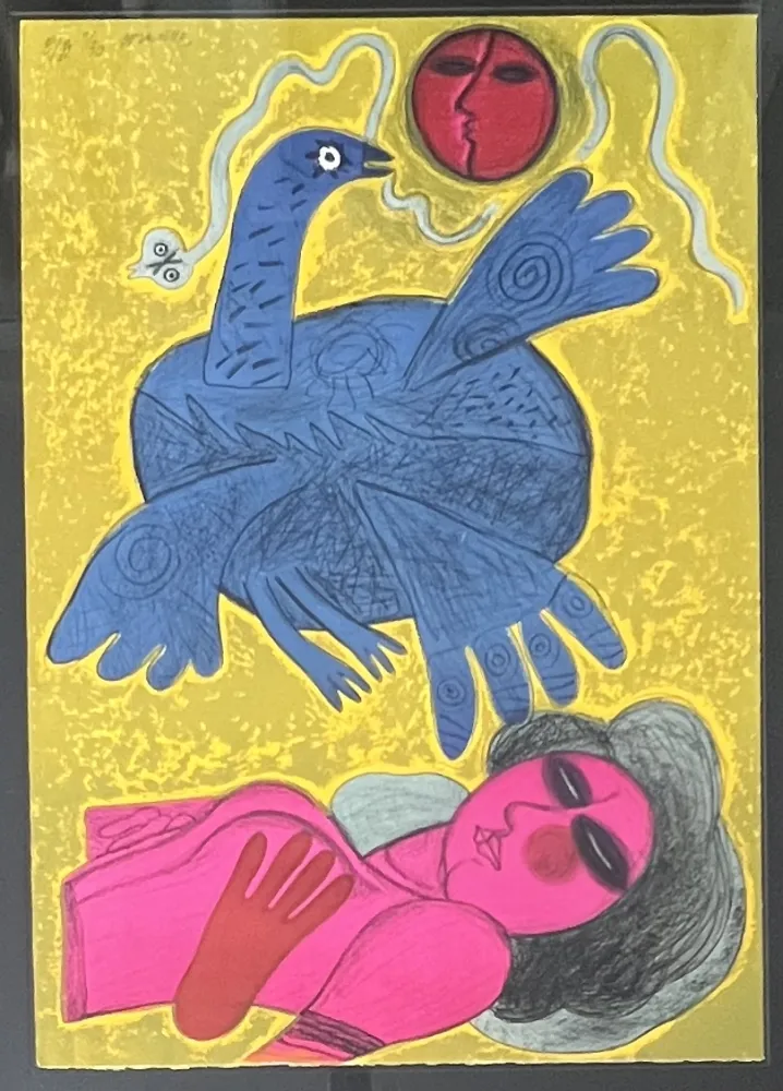 Lithograph Corneille - Lithographie encadrée L'oiseau Cobra 1988